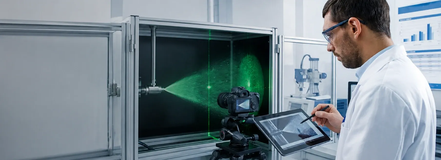 Engenheiro analisando o leque de pulverização em laboratório