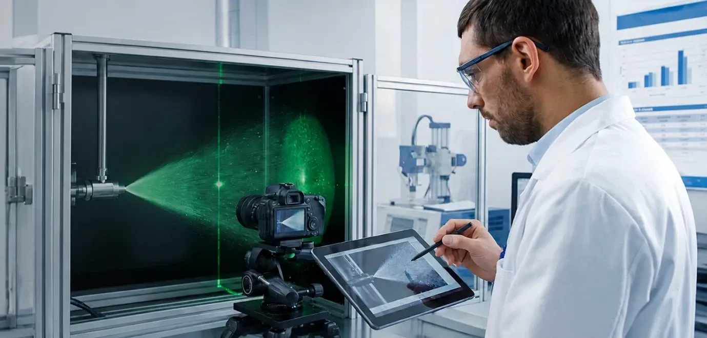 Engenheiro analisando o leque de pulverização em laboratório